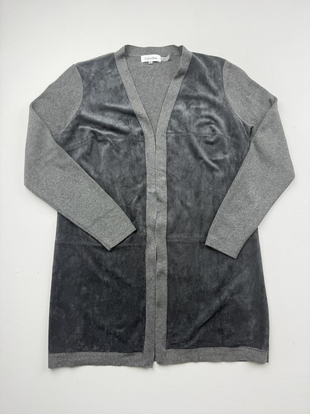 Calvin Klein Sweater Cardigan Womens Medium Gray Faux Suede Front Open Pockets